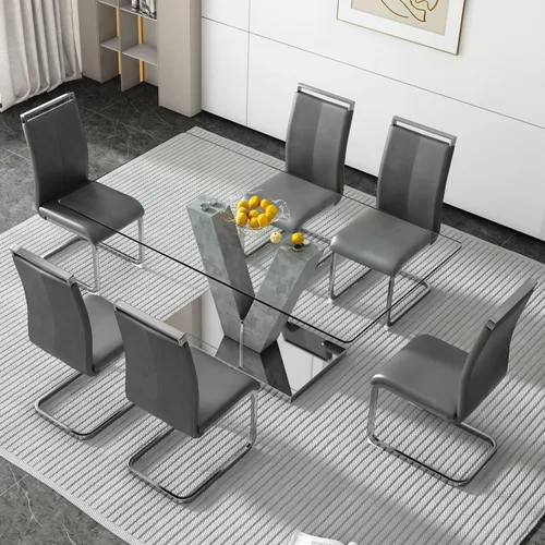 Miniatura 20 de Juego de mesa de comedor de vidrio de 71 pulgadas para 6, juego de mesa de comedor para 6, mesa de cocina moderna y 6 sillas de PU, parte superior 6