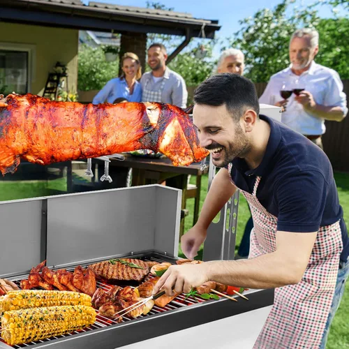 Miniatura 6 de Parrilla de asador de acero inoxidable con protector trasero, motor de 25 W, pequeño asador para cerdo y cordero, parrilla de carbón de 37'' 2 en 1