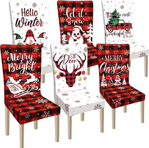 Miniatura 7 de Ganeen 6 piezas de fundas para sillas navideñas, funda para respaldo de silla de Navidad, funda elástica para asiento de Navidad lavable, protector