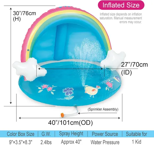 Miniatura 3 de Hiwena - Piscina para bebés con chorro y toldo de arco iris, 40 pulgadas, para niños de 1 a 3 años