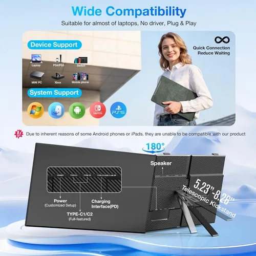 Miniatura 5 de Extensor de pantalla para laptop, monitor portátil ultrafino de 15.3 pulgadas FHD 1200P 16:10 para laptop, extensor ligero de monitor dual Plug &