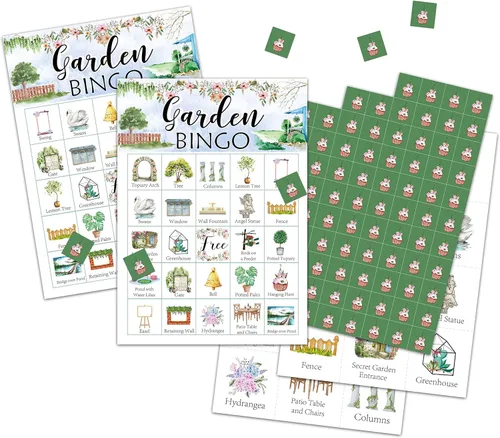 Tarjetas de bingo de jardín, juego temático de jardín para 24 jugadores, actividades de bingo para adultos, suministros de decoración de fiesta de