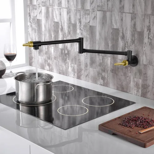 Miniatura 3 de SUMERAIN Grifo de llenado de olla para montaje en pared, grifo de cocina negro y dorado, brazos oscilantes de doble articulación, dos manijas