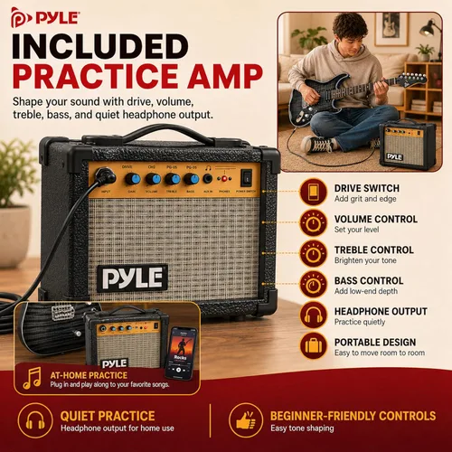 Miniatura 3 de Pyle Kit de guitarra eléctrica con amplificador, instrumento de tamaño completo con pastillas Humbucker, amplificador de guitarra eléctrica y Negro