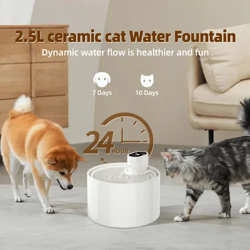 Miniatura 3 de Fuente de agua de cerámica para gatos, fuente de agua inalámbrica con batería de 78 onzas / 2.3 L con sensor de movimiento, bomba ultra silenciosa