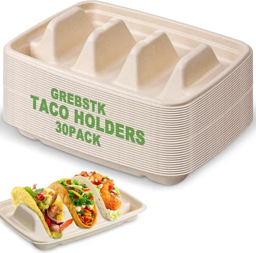 GREBSTK Paquete de 30 soportes desechables para tacos, platos de taco de pulpa de bagazo compostables con 3 divisores para fiesta de tacos, juego de
