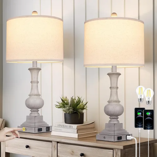Miniatura 10 de 27" Tall Table Lamps for Living Room, 3-Way Dimmable Touch Control Farmhouse Vintage Table Lamps Set of 2 with USB C+A Ports and AC Outlets, Rustic