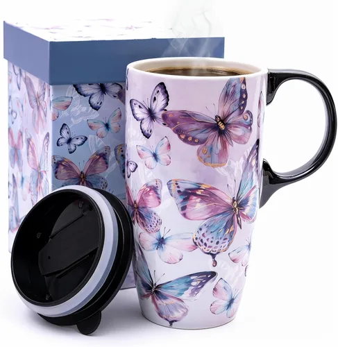 Topadorn Taza de viaje de cerámica de 17 onzas con tapa y asa a prueba de derrames, apta para microondas y lavavajillas, regalo para hombres y