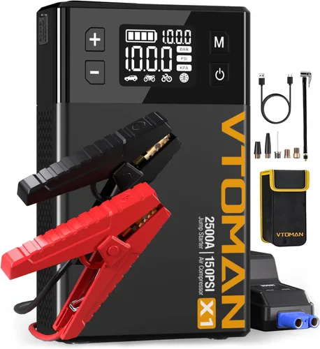 Miniatura 10 de VTOMAN X1 Arrancador con compresor de aire, arrancador de batería de coche (2500A, hasta 8.5L de gasolina/6L de motor diésel) con inflador