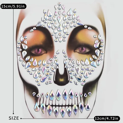 Miniatura 6 de Gemas faciales de esqueleto, joyas del Día de los Muertos, calavera con purpurina para maquillaje, gemas faciales de Halloween, calcomanías