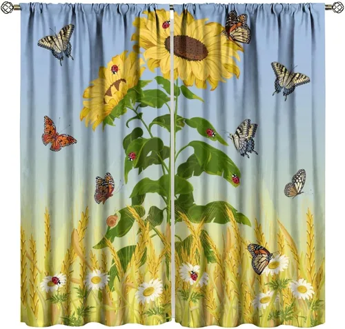 Miniatura 25 de Cortinas opacas con diseño de girasol, rústico, con diseño de girasol, mariposa, verde, amarillo, negro, para niñas, mujeres, dormitorio, sala