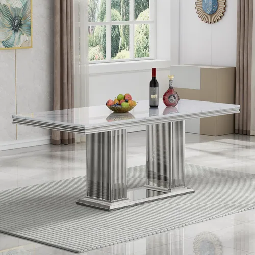 Miniatura 22 de Juego de mesa de comedor de 5 piezas, moderno juego de mesa de comedor para 4, 70 pulgadas, juego de mesa de comedor de mármol sintético blanco