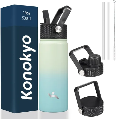 Miniatura 17 de Konokyo - Botella de agua aislada de 18 onzas, botellas deportivas de acero inoxidable con 3 tapas, verde militar