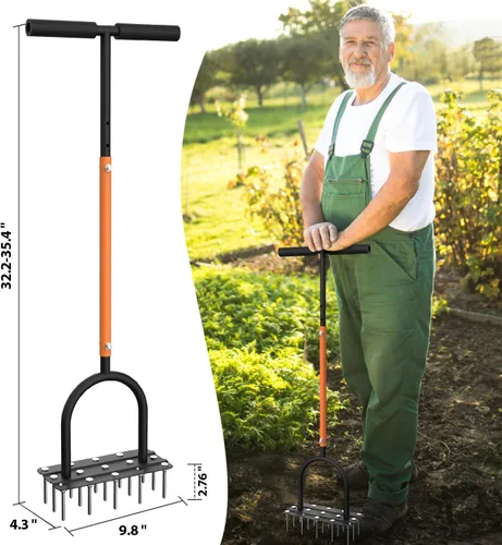 Miniatura 7 de Aireador de césped manual resistente con 15 picos de hierro, altura ajustable, herramienta aireadora de patio para césped (naranja)