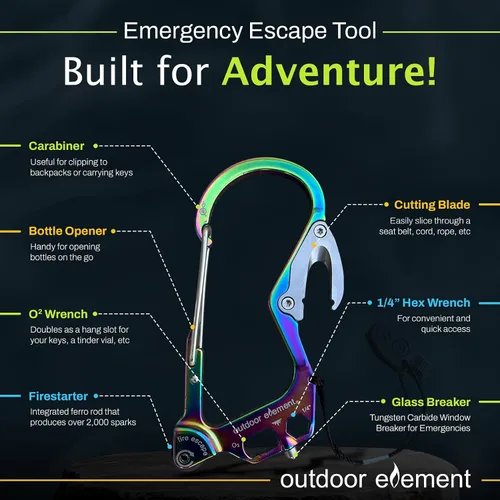 Miniatura 3 de OUTDOOR ELEMENT Herramienta de escape de emergencia, cortador de cinturón de seguridad, rompecristales, herramienta multiusos, encendedor, mosquetón