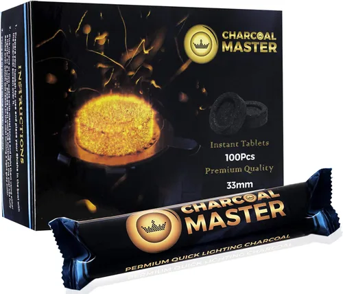 Juego de 100 briquetas de carbón rápido ligero por Charcoal Master - Discos instantáneos de carbón, incienso y carbón, 100 unidades por caja (1.299