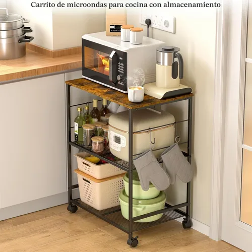 Miniatura 5 de ThreeHio Carrito de microondas de cocina rodante, soporte de mesa de microondas de 3 niveles con almacenamiento, carrito de cocina con ruedas
