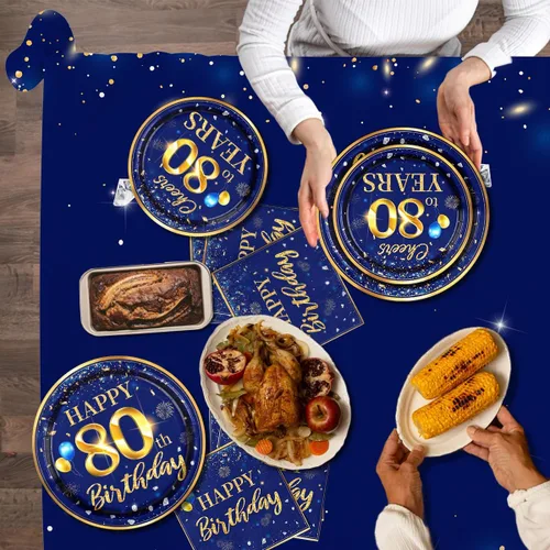 Miniatura 5 de Decoración de 80 cumpleaños para hombres - Juego de vajilla de cumpleaños azul marino y dorado de 142 piezas (sirve para 20) Incluye pancarta