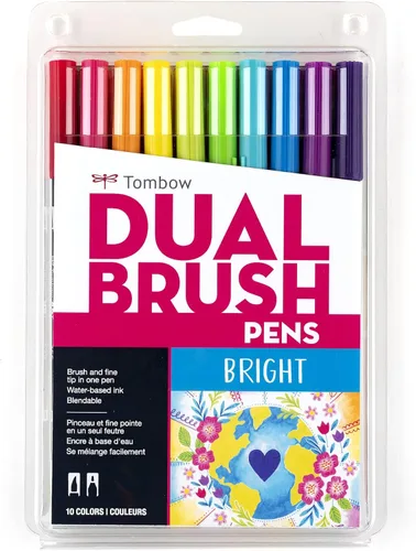Tombow 56185 Marcadores de Arte de Pincel Dual, Brillantes, Paquete de 10. Marcadores Mezclables, de Pincel y Punta Fina