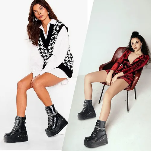 Miniatura 3 de Erocalli Botas de plataforma góticas para mujer con cordones con cadena botines cortos con tachuelas