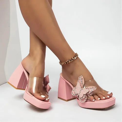 Miniatura 6 de NEWBELLA Sandalias de tacón alto de mariposa con diamantes de imitación, tacones gruesos con punta cuadrada abierta, pantuflas de verano sin