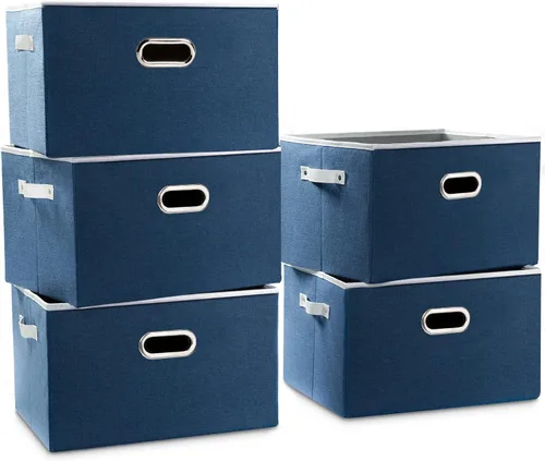Miniatura 31 de PRANDOM Contenedores de almacenamiento plegables más grandes para clóset [5 unidades] cestas decorativas de tela de lino con asas de cuero y metal