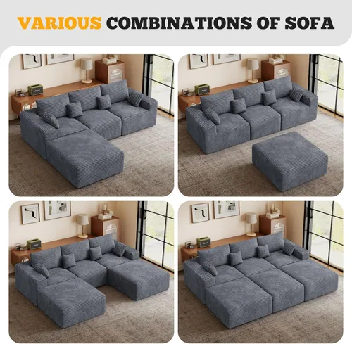 Miniatura 8 de Sofá cama seccional modular de 113", sofás de nube convertibles para sala de estar con otomana, juego de sofá cama de pana sin estructura de 6 Gris