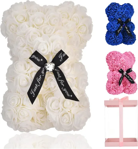 Lgv Oso de rosas de flores, regalo romántico para el día de la madre de San Valentín, Navidad, cumpleaños, novia, madre, esposa, con diamantes Blanco
