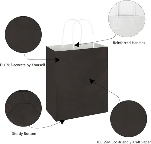 Miniatura 3 de Toovip Paquete de 100 bolsas de papel kraft negras medianas de 8 x 4.75 x 10 pulgadas con asas a granel, bolsas de regalo para regalos