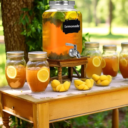 Miniatura 7 de Moretoes Dispensador de bebidas de vidrio de 1 galón para fiestas, dispensador de bebidas para jugo y té helado, tarro hermético de vidrio para té