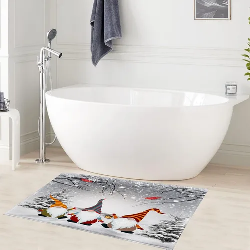 Miniatura 4 de HVEST Alfombras de baño de invierno, gnomos y cardenales en bosque nevado para decoración de baño, tapete antideslizante de mármol de nieve de Gris