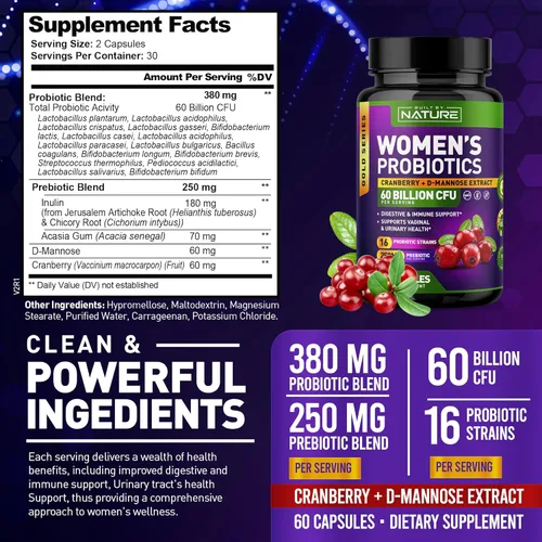 Miniatura 2 de Probióticos para mujeres – 60 mil millones de UFC, 16 cepas, con arándano, D-manosa y prebióticos – Apoya la salud digestiva, inmune y vaginal – Sin