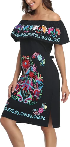 Miniatura 8 de YZXDORWJ Vestido bordado mexicano sin mangas con cuello de volantes para mujer