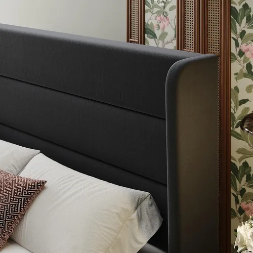 Miniatura 4 de SHA CERLIN - Base de cama tamaño Full con cabecera tapizada en terciopelo y diseño acanalado vertical; plataforma de cama tapizada con listones