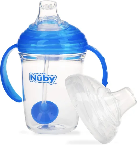 Nuby 360 Grip N' Sip - Vaso Tritan, 8 onzas, popote con peso con cubierta higiénica, color azul