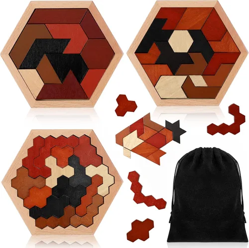 Miniatura 14 de Yunsailing Paquete de 3 rompecabezas grandes de madera hexagonal Tangram rompecabezas de madera rusa para adultos desafío teasers geométrico, lógica