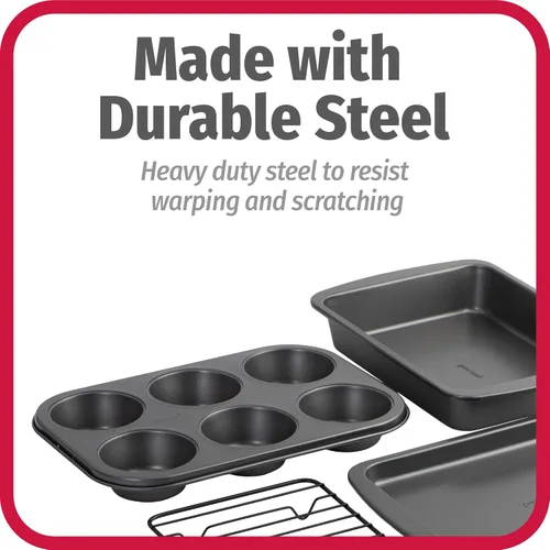 Miniatura 6 de GoodCook Juego de utensilios para hornear antiadherentes de acero de 4 piezas con bandeja, rejilla, molde para pastel y molde para muffins, gris