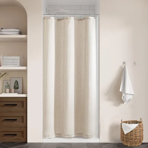 Miniatura 20 de Cortina de ducha de lino de avena 36x72 para cabina de ducha, cortinas neutras grisáceas beige de lino para baño, decoración bohemia de baño