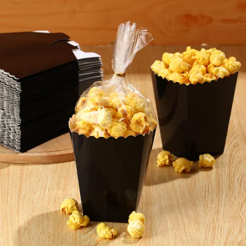 Miniatura 7 de Zopeal Juego de mini cajas de palomitas de maíz y bolsa transparente para golosinas, bolsas de palomitas de maíz a granel con parte superior Negro