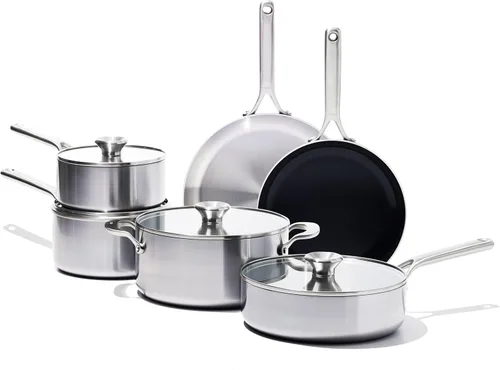 OXO Mira - Juego de ollas y sartenes de acero inoxidable de triple capa, 10 piezas, sartenes, cacerolas, tapas, sartén antiadherente de cerámica,