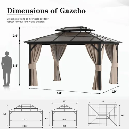 Miniatura 2 de YOLENY Cenador de techo duro de 10 x 13 pies, toldo de policarbonato para exteriores con techo doble, pabellón permanente de aluminio con cortinas