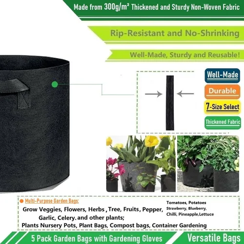 Miniatura 5 de Paquete de 5 bolsas gruesas de 1 galón para vivero, bolsas de cultivo de plantas (7 x 6 pulgadas), macetas de tela para macetas, bolsa de jardín