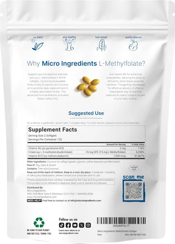 Miniatura 2 de Micro Ingredients L Metilfolato 15 mg, 240 cápsulas blandas Activo 5-MTHF con B6 y metilo B12 Vitamina B9 metilada con aceite de coco