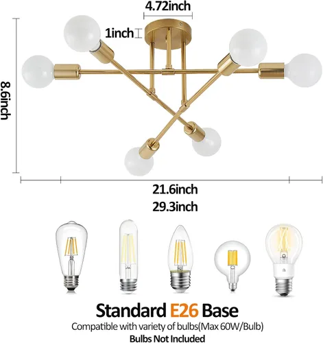 Miniatura 2 de Lámpara de Techo de Montaje Semiempotrado, Lámpara de Techo Moderna Sputnik de 6 Luces con Base de Bombilla E26, Accesorios de Iluminación de Techo