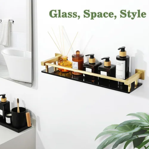 Miniatura 7 de Alise Estantes de baño, estante de vidrio dorado para baño, estantes flotantes modernos, 20 pulgadas Dorado y Negro