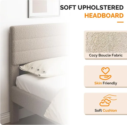 Miniatura 4 de VINGLI Base de cama individual para niños, cama de plataforma tapizada Boucle con cabecera ajustable, soporte de listones de madera resistente, cama