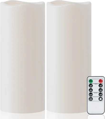 Miniatura 10 de Amagic Paquete de 2 velas eléctricas de plástico sin llama de 6 x 4 pulgadas para exteriores con control remoto y temporizador, velas falsas