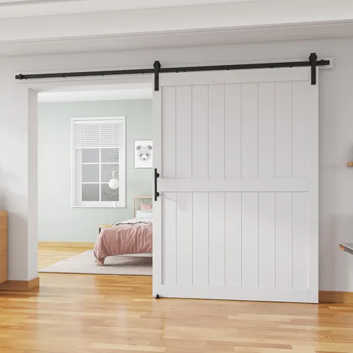 Miniatura 12 de Puerta corredera de granero de 28 x 84 pulgadas con kit de herrajes para puerta de granero de 5 pies, mango y guías de suelo, agujeros Blanco
