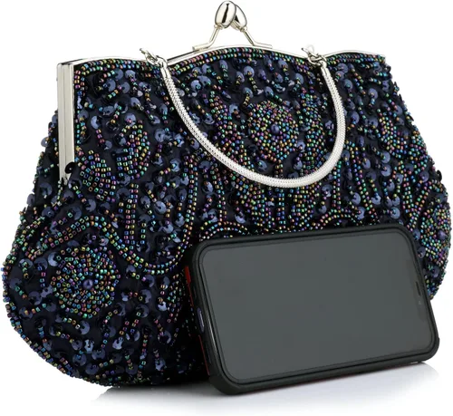 Miniatura 30 de Bolso de noche de diseñador floral con cuentas de lentejuelas diseño vintage besos cerradura satén embrague bolso bolso de mano de boda fiesta