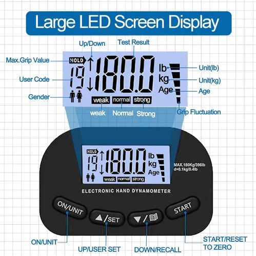 Miniatura 4 de Entrenador de fuerza de agarre de mano, dinamómetro de agarre de mano de 396 libras/396.8 lbs con pantalla LCD, ideal para deportes, escuela y uso